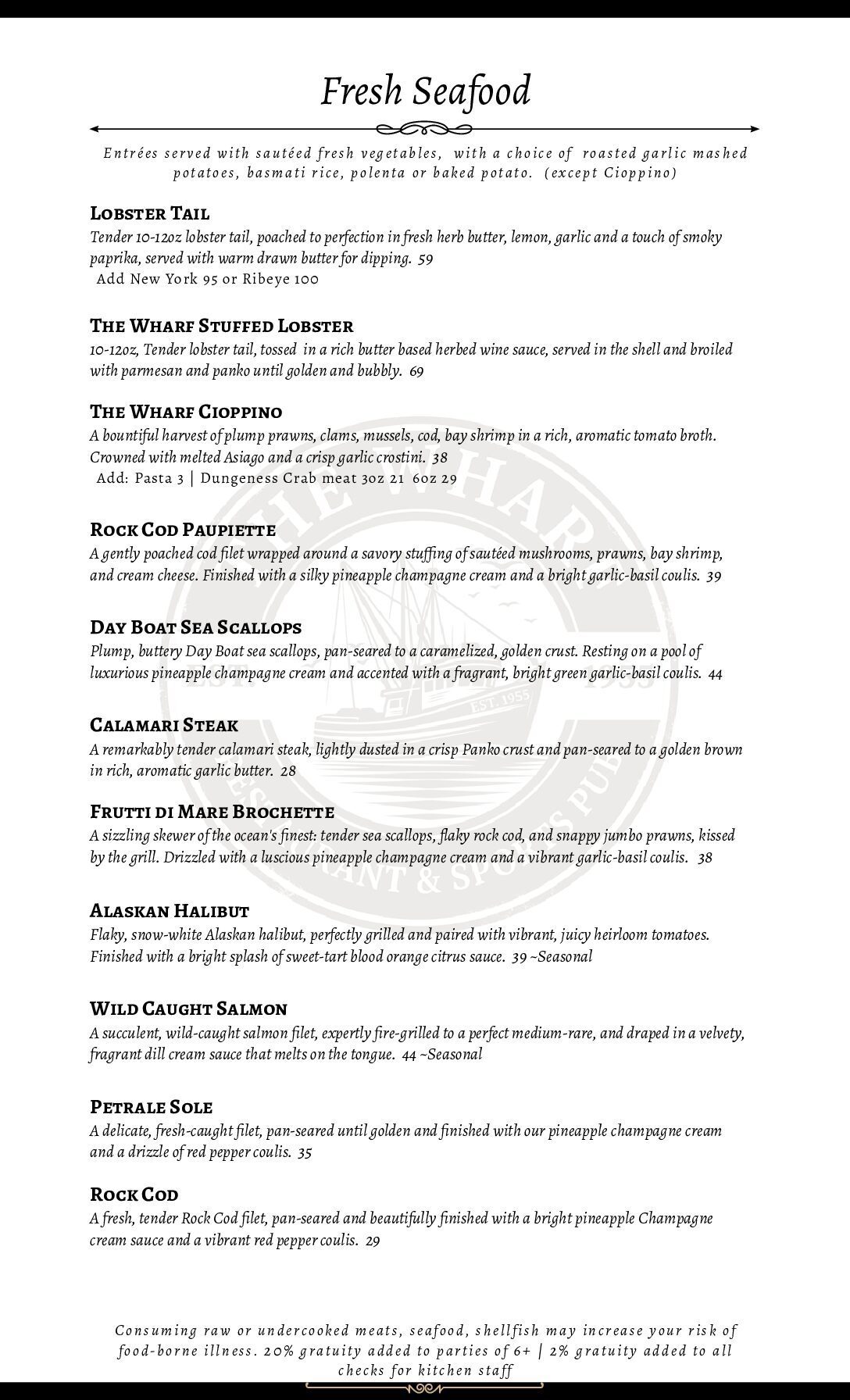 Direction Menu Menus - The Wharf ~ Restaurant & Sports bar - The Wharf Restaurant